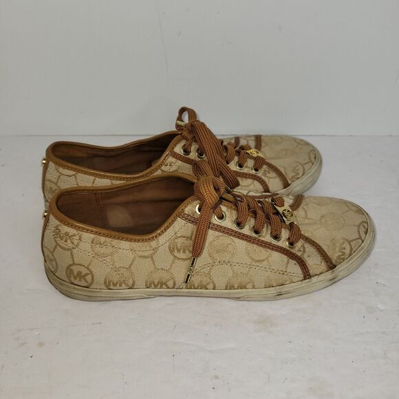 Michael Kors Womens Sz 9.5 M Brown MK Monogram Canvas Beige Sneakers Preppy Gold - Picture 2 of 14